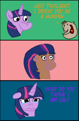 Size: 1050x1597 | Tagged: safe, artist:dashusethetrashcan, imported from derpibooru, twilight sparkle, human, unicorn, crying, humanized, text, ugly, why am i ugly