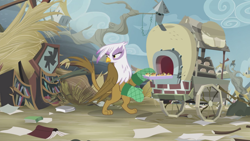 Size: 2100x1181 | Tagged: safe, imported from derpibooru, screencap, gilda, griffon, the lost treasure of griffonstone, cart, female, frown, griffon scone, griffonstone, looking back, oven mitts, solo