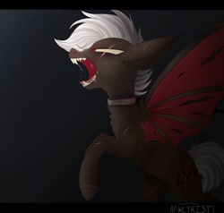 Size: 916x873 | Tagged: safe, artist:afkcyrist, imported from derpibooru, oc, oc only, oc:z143, bat pony, pony, alternate universe, bondage, chained, collar, cutie mark, eye scar, fangs, female, mare, narrowed eyes, open mouth, rearing, savage, scar, solo, spread wings, torn wings, unsexy bondage, wings