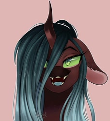 Size: 852x938 | Tagged: dead source, safe, artist:afkcyrist, imported from derpibooru, oc, oc only, changeling, big ears, changeling oc, coat markings, ethereal mane, fangs, female, floppy ears, hair over one eye, lidded eyes, not chrysalis, open mouth, pink background, request, simple background, solo, starry mane