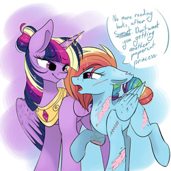 Size: 2000x2000 | Tagged: safe, artist:afkcyrist, imported from derpibooru, rainbow dash, twilight sparkle, alicorn, pegasus, pony, abstract background, alternate hairstyle, alternate universe, dialogue, ethereal mane, female, floppy ears, hair bun, height difference, horn, horn jewelry, injured, jewelry, lesbian, mare, missing cutie mark, open mouth, overprotective, peytral, rainbow power, raised hoof, regalia, scar, shipping, size difference, smiling, smoldash, speech bubble, starry mane, torn ear, twidash, twilight sparkle (alicorn)