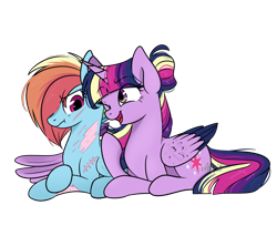 Size: 1024x871 | Tagged: safe, artist:afkcyrist, imported from derpibooru, rainbow dash, twilight sparkle, alicorn, pegasus, pony, alternate hairstyle, alternate universe, colored wings, colored wingtips, crossed hooves, cute, cutie mark, ethereal mane, eye clipping through hair, female, hair bun, hug, lesbian, lying down, mare, one eye closed, open mouth, prone, rainbow power, raised hoof, scar, shipping, simple background, smiling, starry mane, transparent background, twidash, twilight sparkle (alicorn), winghug, wings