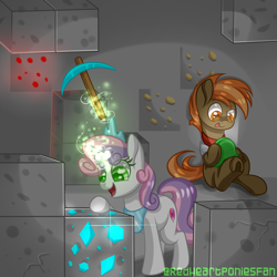 Size: 2000x2000 | Tagged: safe, artist:redheartponiesfan, imported from derpibooru, button mash, sweetie belle, earth pony, pony, unicorn, don't mine at night, colt, crown, female, filly, happy, jewelry, joyboy, magic, male, minecraft, open mouth, pickaxe, regalia, tongue out