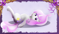 Size: 4996x2880 | Tagged: safe, artist:startledflowerpony, imported from derpibooru, fleur-de-lis, pony, unicorn, female, looking at you, mare, on back, smiling, solo