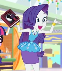 Size: 840x960 | Tagged: safe, imported from derpibooru, screencap, rarity, sci-twi, twilight sparkle, equestria girls, equestria girls series, holidays unwrapped, spoiler:eqg series (season 2), book, clothes, cropped, detective rarity, happy, pencil skirt, pony waifu sim, rarity peplum dress, shadow spade, skirt, solo focus