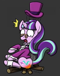 Size: 1006x1280 | Tagged: safe, artist:metalicumbridge, imported from derpibooru, snowfall frost, starlight glimmer, pony, unicorn, abuse, burned, burned butt, campfire, clothes, female, fire, glimmerbuse, hat, literal butthurt, mare, pain, reddened butt, solo, top hat, wide eyes