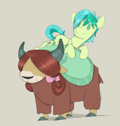 Size: 950x1000 | Tagged: safe, artist:sinrar, imported from derpibooru, sandbar, yona, earth pony, pony, yak, bow, cloven hooves, cute, eyes closed, female, hair bow, happy, lying on top of someone, male, monkey swings, ponies riding yaks, riding, sandabetes, sandbar riding yona, shipping, smiling, straight, tan background, yonabar, yonadorable