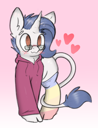 Size: 1944x2535 | Tagged: safe, artist:itsmeelement, imported from derpibooru, oc, oc only, oc:yodi, classical unicorn, pony, unicorn, abstract background, blushing, clothes, cloven hooves, cute, glasses, gradient background, heart, hoodie, leonine tail, male, rainbow socks, socks, stallion, striped socks, thigh highs, unshorn fetlocks