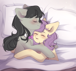 Size: 2001x1861 | Tagged: safe, artist:waferwaller, imported from derpibooru, octavia melody, oc, oc:lavender harmony, earth pony, pony, canon x oc, chest fluff, cuddling, cuddling in bed, cute, eyes closed, female, mare, romantic, sleeping, wip, ych result