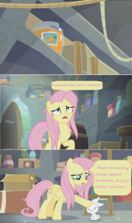 Size: 1600x2694 | Tagged: safe, edit, edited screencap, imported from derpibooru, screencap, angel bunny, fluttershy, pegasus, pony, rabbit, she talks to angel, animal, book, box, carrot juice, comic, concentrated carrot extract, container, door, duo, female, frazzled, hoof on head, jar, ladder, male, mare, rope, screencap comic, shelf, speech bubble, stool, surprised, vase