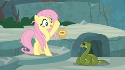 Size: 3840x2160 | Tagged: safe, imported from derpibooru, screencap, antoine, fluttershy, pony, python, snake, she talks to angel, cave, cookie, cookie jar, duo, female, food, frazzled, jar, mare, raised hoof, snake treat