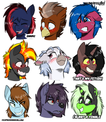 Size: 4093x4685 | Tagged: safe, alternate version, artist:jcosneverexisted, imported from derpibooru, oc, oc only, oc:digidash, oc:erica the hippogriff, oc:grimvale, oc:lightning loons, oc:loki ebonhoof, oc:neon burst, oc:nyn indigo, oc:serenity, oc:serenity (shifty), pony, blushing, bust, crying, female, flustered, male, nervous