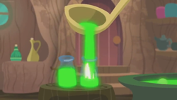 Size: 1600x900 | Tagged: safe, imported from derpibooru, screencap, pony, she talks to angel, cauldron, container, door, glass, glow, glowing, green liquid, ladle, potion, spoon, vase, vial, zecora's hut