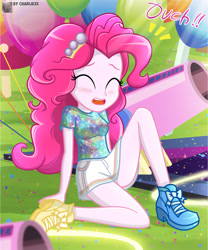 Size: 555x668 | Tagged: safe, artist:charliexe, imported from derpibooru, pinkie pie, equestria girls, balloon, clothes, confetti, cute, dialogue, diapinkes, eyes closed, female, injured, legs, open mouth, ouch, party cannon, schrödinger's pantsu, shoes, shorts, solo, thighs