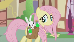 Size: 1600x900 | Tagged: safe, imported from derpibooru, screencap, angel bunny, fluttershy, pony, rabbit, she talks to angel, animal, cork, duo, female, frazzled, glass, green liquid, male, mare, ponyville, potion, saddle bag, vial, walking