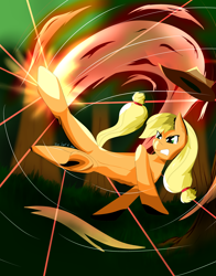 Size: 3300x4200 | Tagged: safe, artist:iceflare0714, imported from derpibooru, applejack, pony, applejack's hat, cowboy hat, dynamic pose, female, forest, gritted teeth, hat, kicking, signature, solo