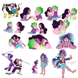 Size: 1700x1700 | Tagged: safe, artist:unoriginai, imported from derpibooru, discord, princess flurry heart, spike, sweetie belle, twilight sparkle, alien, anthro, dragon, gem pony, human, hybrid, original species, unicorn, accidental fusion, barefoot, connie maheswaran, connverse, crossover, crying, cute, dark skin, dragon tail, fangs, feet, female, fusion, fusion dance, fusion:spike, fusion:spikebelle, fusion:sweetie belle, gem, gem (race), gem dragon, gem fusion, gemsona, human spike, humanized, hybrid fusion, intersex, interspecies, lion (steven universe), male, male feet, nonbinary, pearl (steven universe), quartz, rose quartz (gemstone), shipping, shocked, spikebelle, steven quartz universe, steven universe, stevonnie, straight, sword, tail, unicorn twilight, weapon