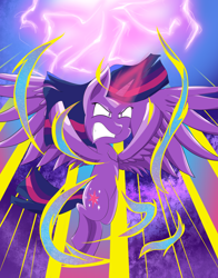 Size: 1650x2100 | Tagged: safe, artist:iceflare0714, imported from derpibooru, twilight sparkle, alicorn, pony, angry, dokkan battle, dragon ball, dragon ball z, female, flying, glowing horn, horn, lightning, solo, super saiyan princess, twilight sparkle (alicorn)