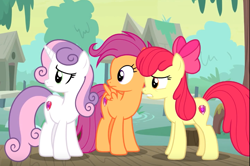 Size: 1032x684 | Tagged: safe, imported from derpibooru, screencap, apple bloom, scootaloo, sweetie belle, earth pony, pegasus, pony, unicorn, growing up is hard to do, bow, cropped, cutie mark, cutie mark crusaders, female, hair bow, mare, older, older apple bloom, older cmc, older scootaloo, older sweetie belle, the cmc's cutie marks, trio