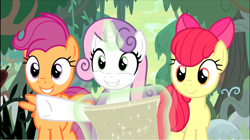 Size: 1376x773 | Tagged: safe, imported from derpibooru, screencap, apple bloom, scootaloo, sweetie belle, earth pony, pegasus, pony, unicorn, growing up is hard to do, bow, cropped, cutie mark, cutie mark crusaders, female, glowing horn, hair bow, horn, levitation, magic, map, mare, older, older apple bloom, older cmc, older scootaloo, older sweetie belle, pointing, raised hoof, smiling, telekinesis, the cmc's cutie marks, trio, underhoof