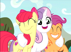 Size: 1046x774 | Tagged: safe, imported from derpibooru, screencap, apple bloom, scootaloo, sweetie belle, earth pony, pegasus, pony, unicorn, growing up is hard to do, adorabloom, cropped, cute, cutealoo, cutie mark, cutie mark crusaders, diasweetes, excited, eyes closed, female, happy, hug, mare, older, older apple bloom, older cmc, older scootaloo, older sweetie belle, smiling, the cmc's cutie marks, trio