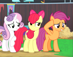 Size: 867x682 | Tagged: safe, imported from derpibooru, screencap, apple bloom, scootaloo, sweetie belle, earth pony, pegasus, pony, unicorn, growing up is hard to do, bow, cropped, cutie mark, cutie mark crusaders, female, hair bow, hoof on head, mare, older, older apple bloom, older cmc, older scootaloo, older sweetie belle, raised hoof, smiling, the cmc's cutie marks, trio