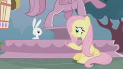 Size: 1600x900 | Tagged: safe, imported from derpibooru, screencap, angel bunny, fluttershy, pegasus, pony, rabbit, she talks to angel, animal, body swap, duo, female, fountain, house, male, mare, sitting