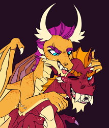 Size: 2092x2448 | Tagged: safe, artist:eeelt, imported from derpibooru, garble, smolder, dragon, sweet and smoky, brother and sister, claws, dark background, dragoness, duo, female, male, redesign, rough housing, sharp teeth, siblings, teeth