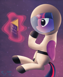 Size: 3700x4556 | Tagged: safe, artist:cosmikvek, imported from derpibooru, twilight sparkle, alicorn, pony, astronaut, book, female, floating, glowing horn, horn, magic, solo, space, spacesuit, telekinesis, twilight sparkle (alicorn)