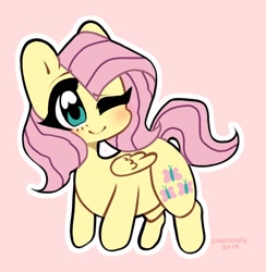 Size: 1108x1136 | Tagged: safe, artist:charcoaly, imported from derpibooru, fluttershy, pony, chibi, cute, female, one eye closed, pink background, shyabetes, simple background, solo, wink