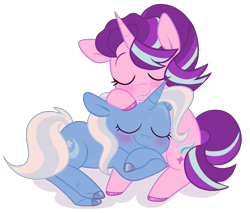 Size: 1253x1069 | Tagged: dead source, safe, artist:pinkiespresent, imported from derpibooru, starlight glimmer, trixie, pony, unicorn, blushing, cute, diatrixes, eyes closed, featured image, female, glimmerbetes, lesbian, mare, shipping, simple background, sleeping, startrix, sweet dreams fuel, transparent background