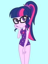 Size: 1536x2048 | Tagged: safe, artist:draymanor57, imported from derpibooru, sci-twi, twilight sparkle, equestria girls, blue background, clothes, cute, female, glasses, one-piece swimsuit, ponytail, simple background, solo, swimsuit, swimsuit edit, twiabetes