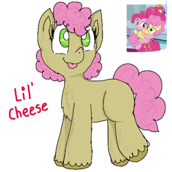 Size: 500x500 | Tagged: safe, artist:princessmuffinart, imported from derpibooru, li'l cheese, pinkie pie, oc, oc only, earth pony, pony, the last problem, cute, female, filly, foal, holding a pony, li'l cuteese, missing cutie mark, mother and child, mother and daughter, older, older pinkie pie, screencap reference, simple background, solo, solo focus, tongue out, white background