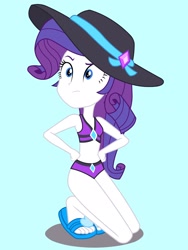 Size: 1536x2048 | Tagged: safe, artist:draymanor57, imported from derpibooru, rarity, equestria girls, beach shorts swimsuit, beautiful, beautisexy, belly button, bikini, bikini babe, bikini top, clothes, feet, female, flip-flops, hand on hip, hat, heel pop, jeweled swimsuit, raised eyebrow, rarity is not amused, rarity's beach shorts swimsuit, rarity's purple bikini, sandals, sexy, solo, sun hat, swimsuit, swimsuit edit, unamused