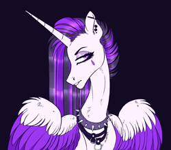 Size: 2212x1942 | Tagged: safe, artist:eeelt, imported from derpibooru, princess celestia, alicorn, pony, between dark and dawn, alternate color palette, alternate hair color, black background, collar, ear piercing, earring, female, goth, horn, jewelry, lip piercing, makeup, piercing, punklestia, simple background, solo, spiked collar, spread wings, wings