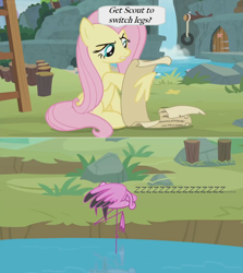 Size: 1364x1526 | Tagged: safe, edit, edited screencap, imported from derpibooru, screencap, angel bunny, fluttershy, scout (flamingo), scout (g4), flamingo, pegasus, pony, she talks to angel, body swap, comic, dialogue, door, female, lake, list, mare, not fluttershy, onomatopoeia, screencap comic, scroll, sleeping, snoring, sound effects, speech bubble, sweet feather sanctuary, tire swing, waterfall, zzz
