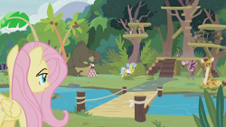 Size: 1366x768 | Tagged: safe, imported from derpibooru, screencap, angel bunny, antoine, clementine, doctor fauna, fluttershy, harry, muriel, scout (flamingo), scout (g4), smoky, smoky jr., softpad, bear, flamingo, giraffe, pegasus, pony, raccoon, snake, she talks to angel, body swap, bridge, coconut tree, eaten alive, female, fetish fuel, indifferent, mare, not fluttershy, palm tree, platform, predation, ramp, river, sweet feather sanctuary, tree, vore