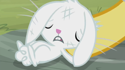 Size: 1366x768 | Tagged: safe, imported from derpibooru, screencap, angel bunny, doctor fauna, fluttershy, rabbit, she talks to angel, animal, body swap, dirty, exhausted, eyes closed, frazzled, hoof hold, male, not angel bunny, solo focus, tired