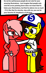 Size: 600x964 | Tagged: safe, artist:sebtheartist, deleted from derpibooru, imported from derpibooru, oc, oc:downvote, oc:ponyseb, pegasus, pony, derpibooru, bipedal, cap, comforting, derpibooru ponified, duo, hat, looking at each other, meta, ponified, red background, simple background, speech bubble