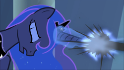 Size: 1600x900 | Tagged: safe, imported from derpibooru, screencap, princess luna, pony, the ending of the end, leak, canterlot castle, castle, crown, eyes closed, eyeshadow, female, jewelry, magic, magic drain, magic theft, makeup, mare, open mouth, pain, regalia, solo, throne room