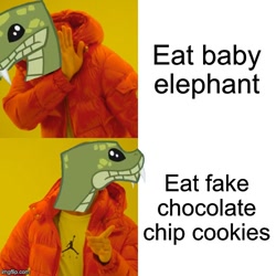 Size: 500x500 | Tagged: safe, edit, imported from derpibooru, elephant, snake, she talks to angel, caption, chocolate chip cookie, chocolate chip cookies, cookie, cropped, drake, food, hotline bling, image macro, meme, text