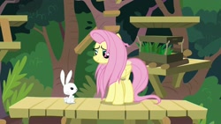 Size: 1920x1080 | Tagged: safe, imported from derpibooru, screencap, angel bunny, fluttershy, pegasus, pony, rabbit, she talks to angel, animal, duo, female, male, mare, messy mane, sweet feather sanctuary
