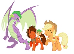 Size: 1024x746 | Tagged: safe, artist:lazbro64, imported from derpibooru, applejack, spike, oc, dracony, dragon, earth pony, hybrid, pony, applespike, baby, colt, family, female, interspecies offspring, male, mare, offspring, older, older spike, parent:applejack, parent:spike, parents:applespike, polyamory, shipping, straight, winged spike, wings