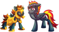 Size: 3651x1995 | Tagged: safe, artist:amura-of-jupiter, artist:tiothebeetle, imported from derpibooru, oc, oc only, oc:captain charcoal, oc:morning raindew mist, pegasus, pony, armor, awkward, clothes, cute, floppy ears, laughing, open mouth, outline, oversized armor, oversized clothes, similar, size difference, small wings, smiling, solo, stifling laughter, too big, wavy mouth, wings