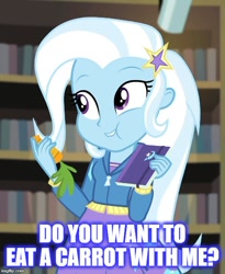 Size: 500x609 | Tagged: safe, edit, edited screencap, imported from derpibooru, screencap, trixie, equestria girls, equestria girls series, forgotten friendship, carrot, cropped, eating, female, food, humans doing horse things, solo