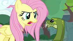 Size: 1920x1080 | Tagged: safe, imported from derpibooru, screencap, antoine, fluttershy, pegasus, pony, python, snake, she talks to angel, duo, female, male, mare, messy mane