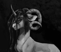 Size: 1414x1203 | Tagged: safe, artist:peachez, imported from derpibooru, oc, oc only, pony, unicorn, black and white, dark, grayscale, horns, monochrome, scar, solo