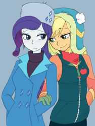 Size: 2448x3264 | Tagged: safe, artist:haibaratomoe, imported from derpibooru, applejack, rarity, equestria girls, equestria girls series, holidays unwrapped, spoiler:eqg series (season 2), clothes, coat, female, high res, lesbian, rarijack, shipping, simple background, smiling