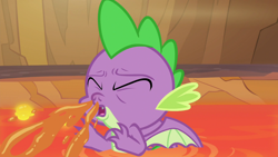 Size: 1280x720 | Tagged: safe, imported from derpibooru, screencap, spike, dragon, sweet and smoky, eyes closed, lava, male, sneezing, solo, winged spike, wings