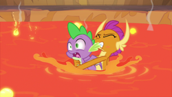 Size: 1280x720 | Tagged: safe, imported from derpibooru, screencap, smolder, spike, dragon, sweet and smoky, dragoness, duo, female, lava, lava pool, male, out of context, winged spike, wings